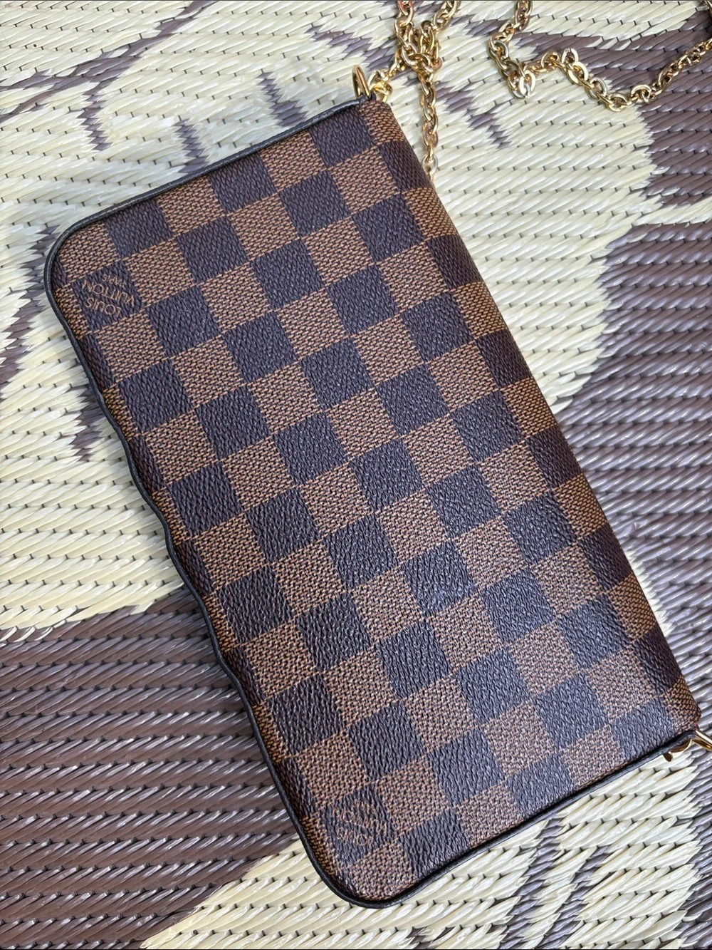 Louis Vuitton Brown Checkered Envelope Crossbody with Gold Chain